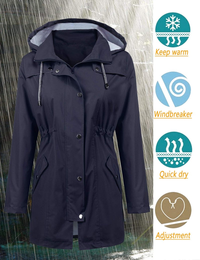 LOMON Women's Trench Coats Windbreaker Raincoats Waterproof Women's Zip up Outdoor Raincoat Cycling Softshell Jacket Breathable Navy Blue S - Image 2